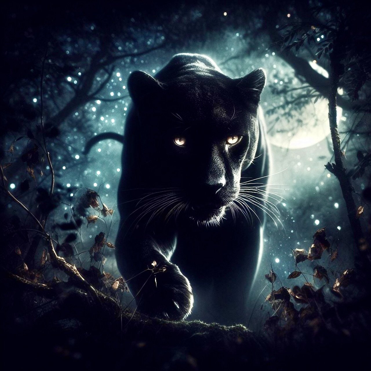 une panthère noire entre ombre et lumière dans un bois