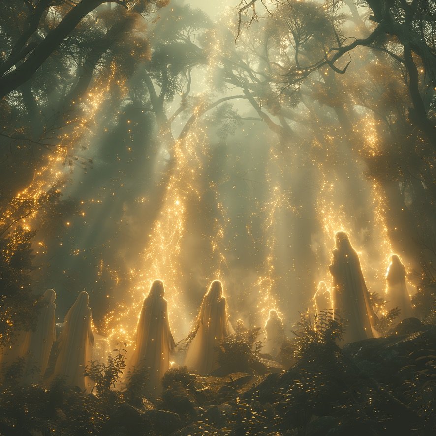 Médium en canalisation recevant les messages des guides spirituels dans une forêt lumineuse, connexion aux énergies subtiles et guidance intérieure