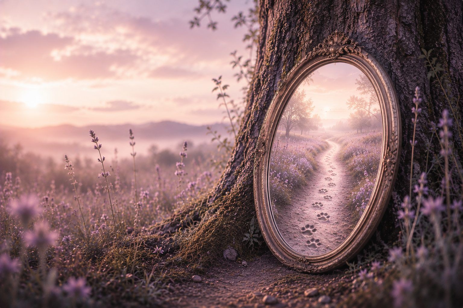 Miroir ancien posé contre un arbre dans la nature symbolisant le concept d'animal miroir et la découverte de soi.