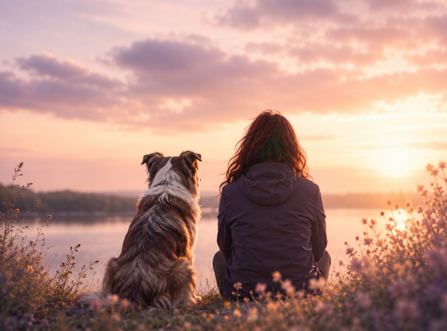 Personne assise au bord de l'eau avec son chien, symbolisant le lien entre l'humain et son animal miroir.