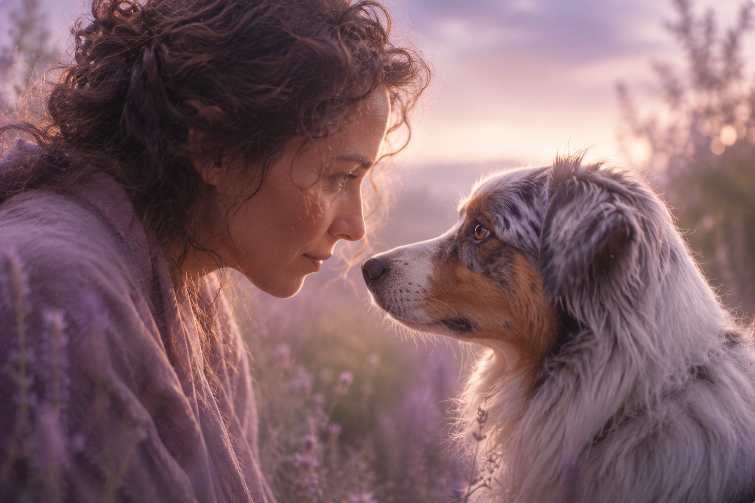 Femme et chien se regardant dans les yeux dans une atmosphère douce et lumineuse illustrant le lien profond entre l'animal et son humain.