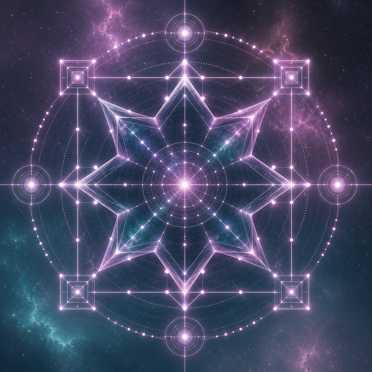 Géométrie sacrée lumineuse symbolisant la numérologie sacrée, les fréquences vibratoires et le Codex Cristal.