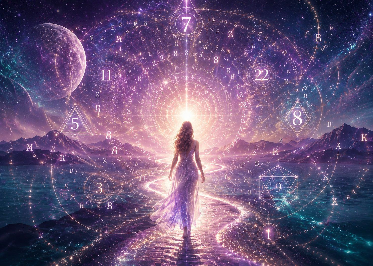 Femme marchant vers la lumière au cœur d'un paysage cosmique avec géométrie sacrée et symboles de numérologie sacrée, représentant l'éveil de conscience et le chemin de l'âme.