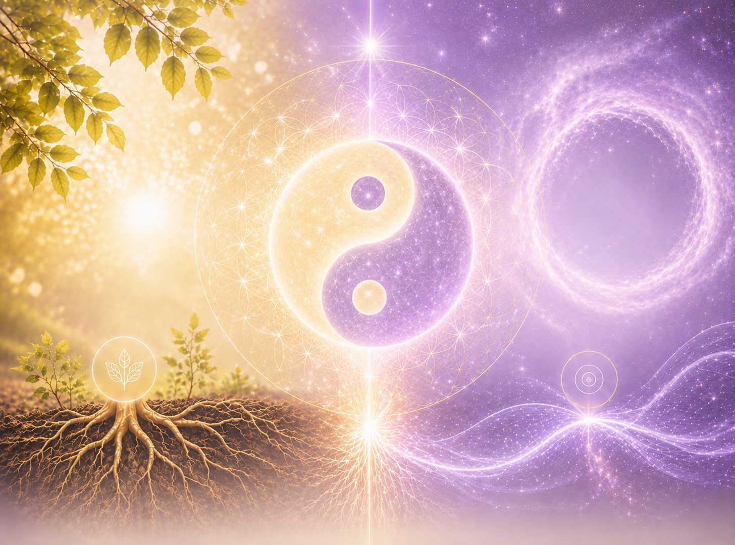 Illustration représentant l'équilibre entre le visible et l'invisible, symbolisé par le yin et le yang, dans un accompagnement en homéoconscience et canalisation.