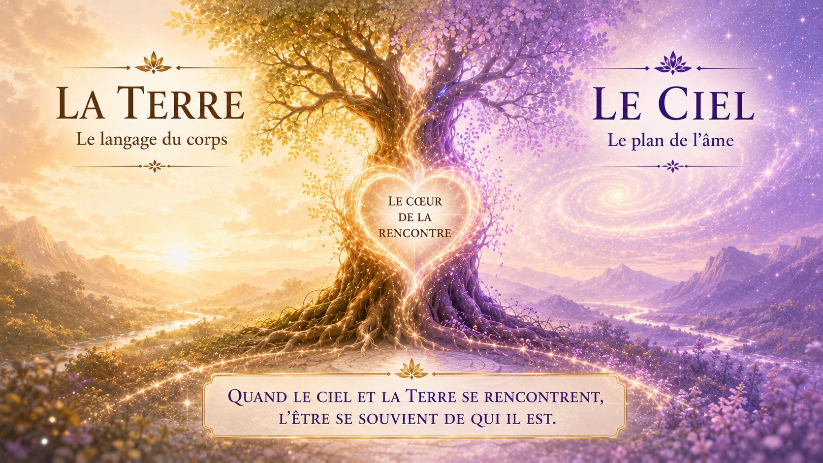 Illustration symbolisant la rencontre entre la Terre et le Ciel, le langage du corps et le plan de l'âme, au cœur d'un accompagnement en homéoconscience et canalisation.