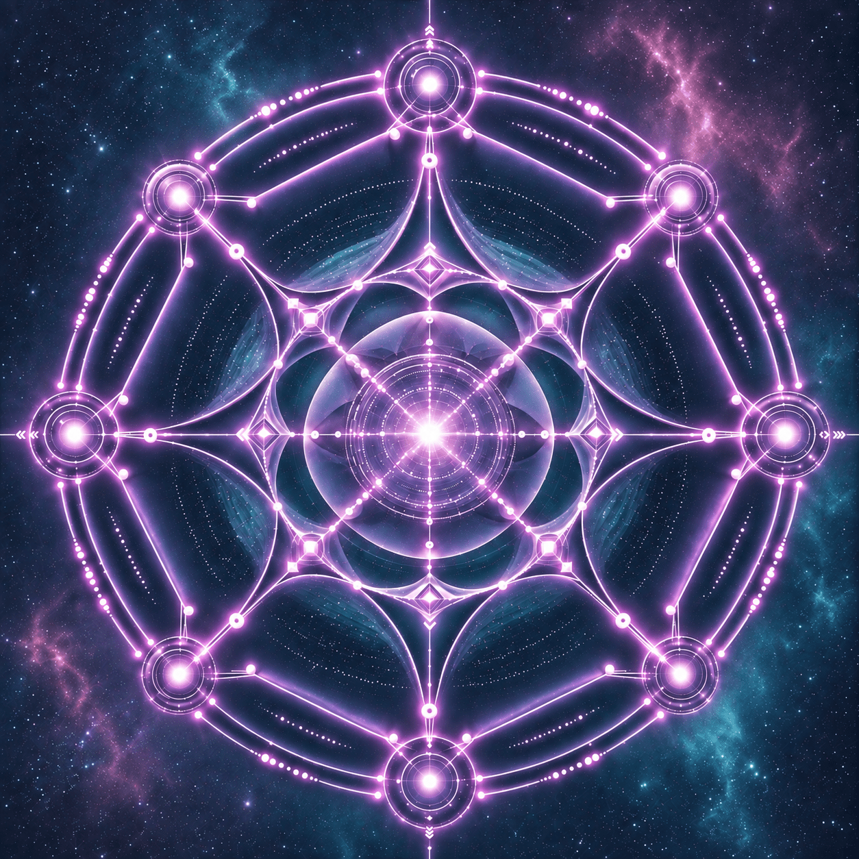 Symbole énergétique violet d’un portail du Codex Cristal, composé de cercles lumineux et de motifs de géométrie sacrée.